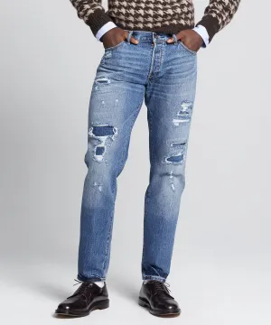 Slim Fit Selvedge Destroyed and Repaired Denim Jean