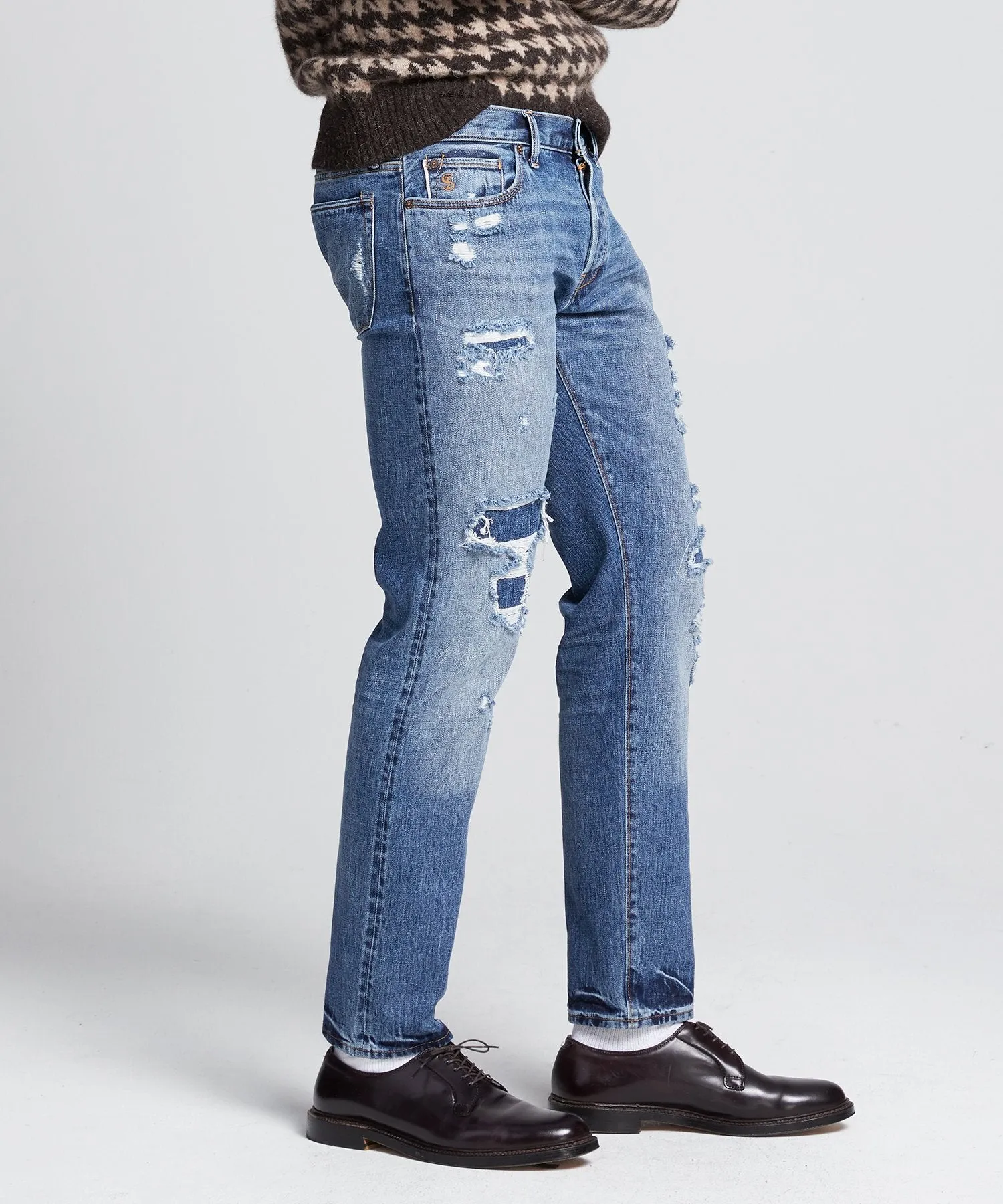 Slim Fit Selvedge Destroyed and Repaired Denim Jean