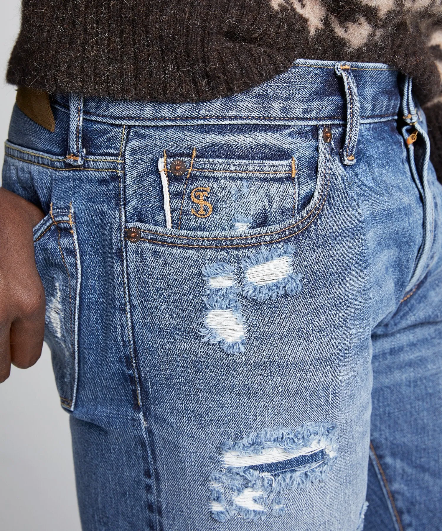 Slim Fit Selvedge Destroyed and Repaired Denim Jean