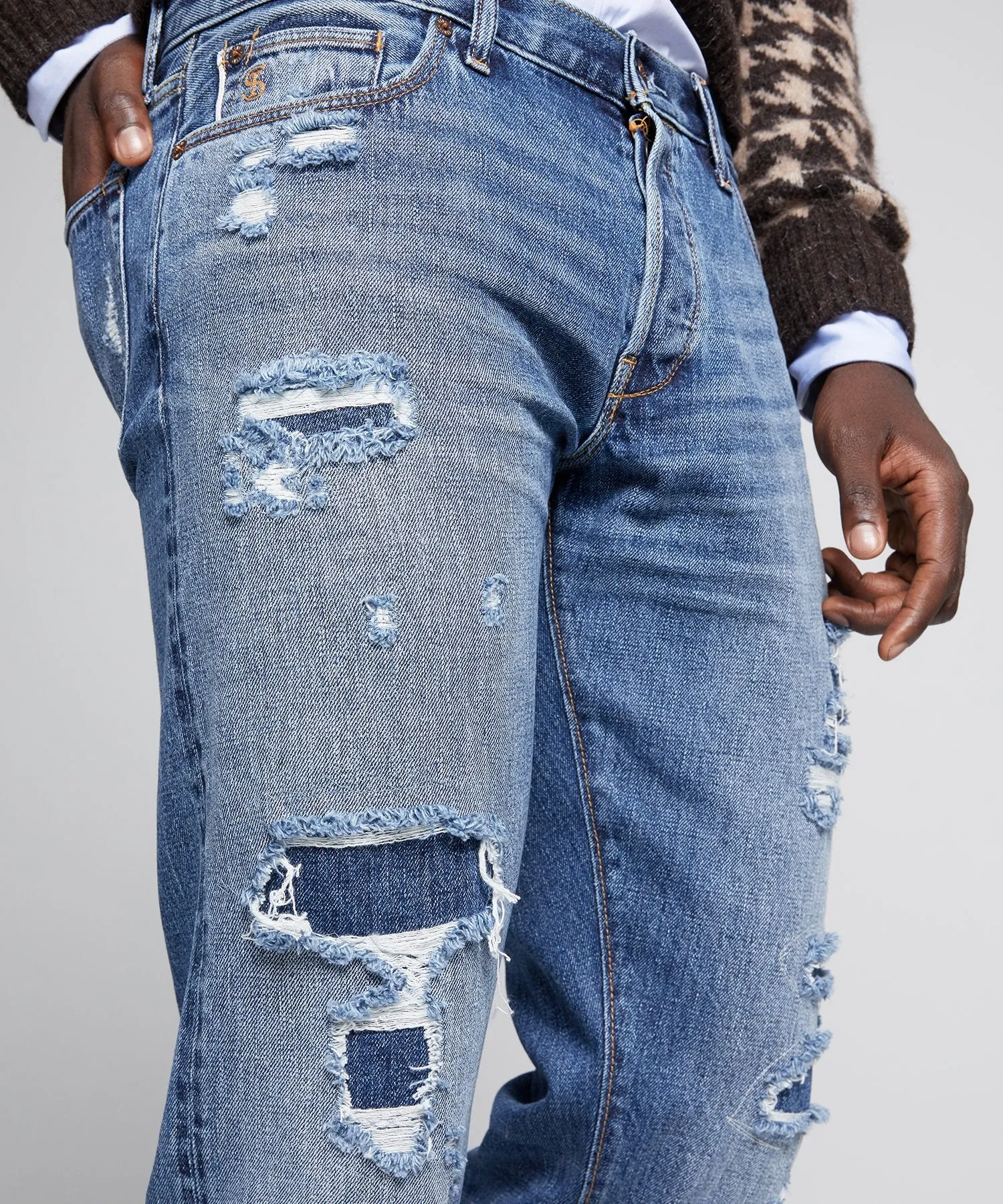 Slim Fit Selvedge Destroyed and Repaired Denim Jean