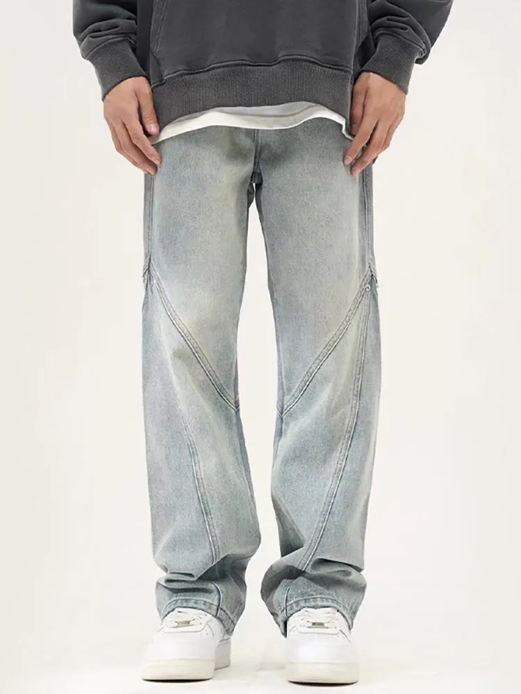 Street Splicing Light-Colored Straight Casual Jeans Loose Design Men'S Pants