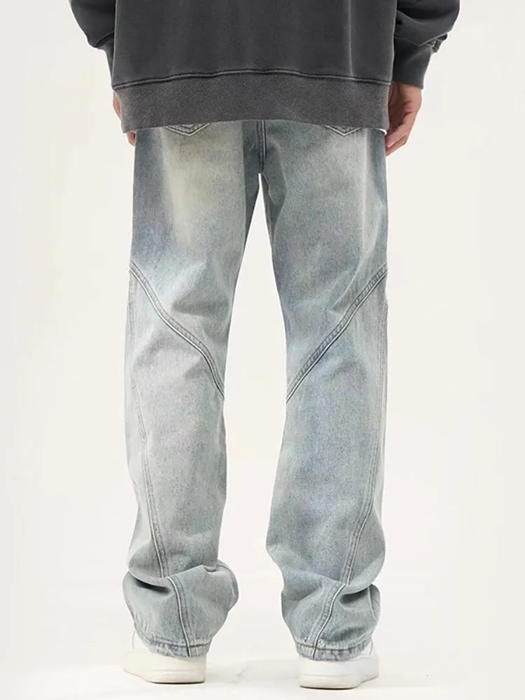 Street Splicing Light-Colored Straight Casual Jeans Loose Design Men'S Pants