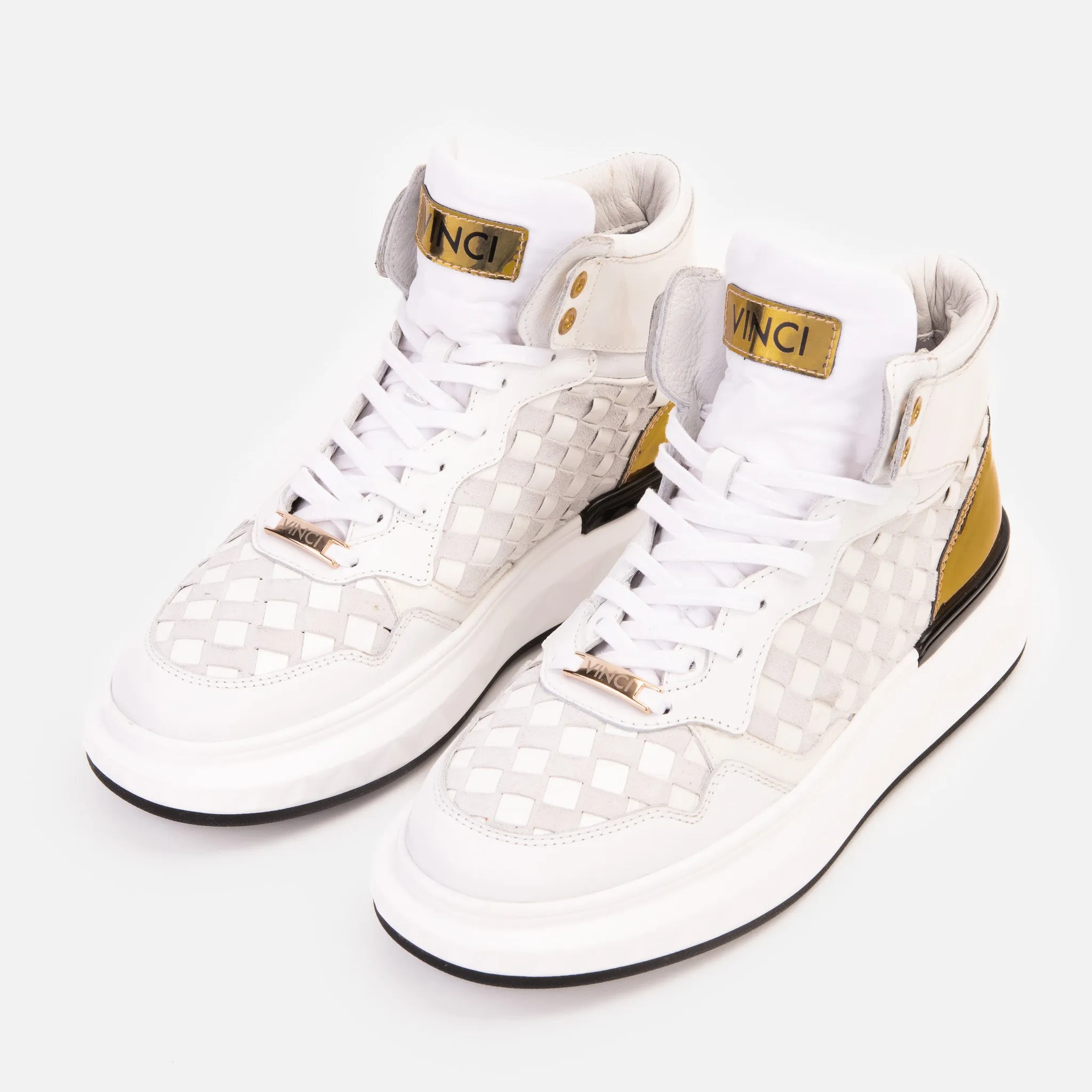 The Eugene White & Gold Woven Leather High-Top Men Sneaker