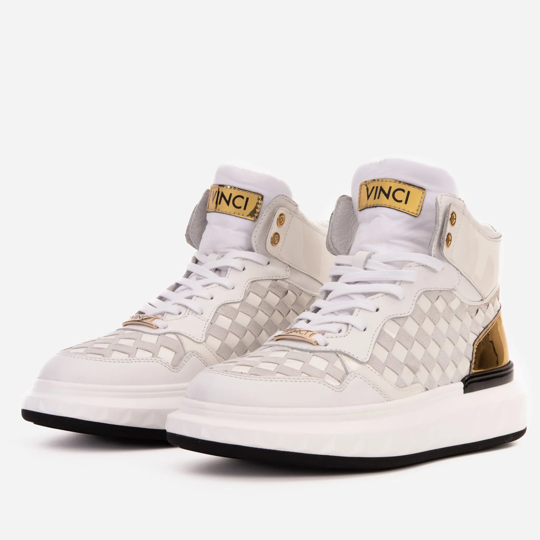 The Eugene White & Gold Woven Leather High-Top Men Sneaker