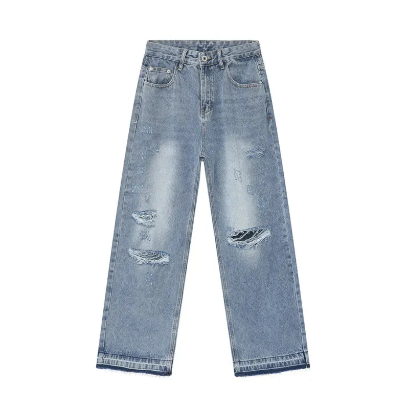 Trendy Men's Straight Jeans Broken Hole Design Summer New Streetwear American Style Wide Leg Denim Pants 9C5979