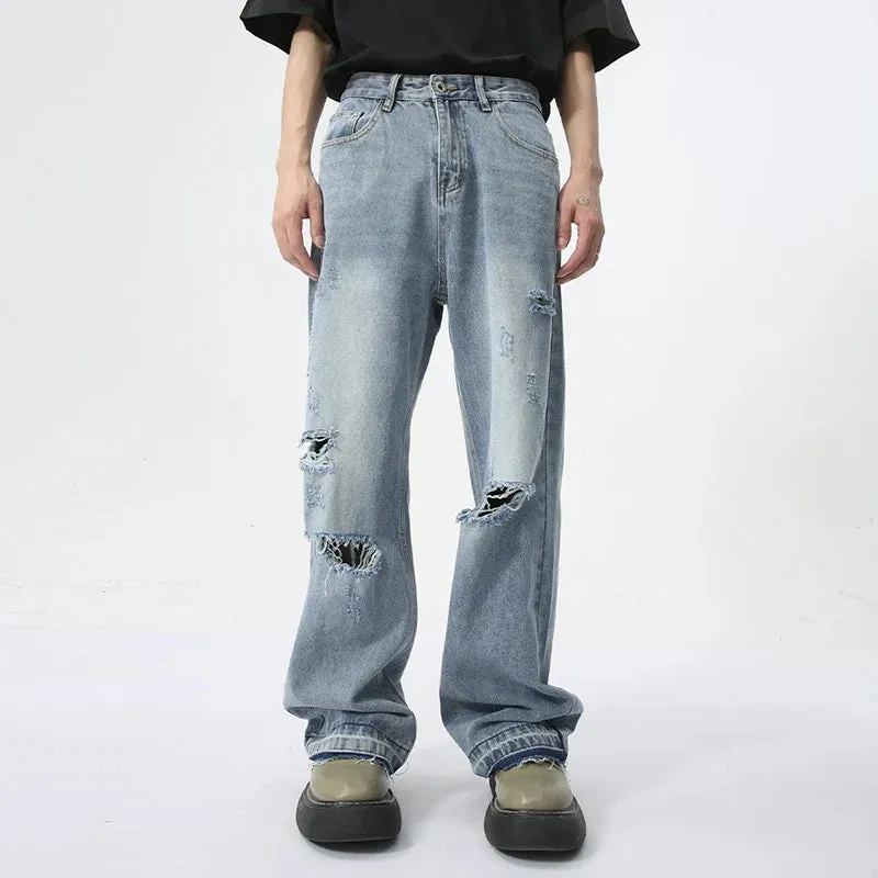 Trendy Men's Straight Jeans Broken Hole Design Summer New Streetwear American Style Wide Leg Denim Pants 9C5979