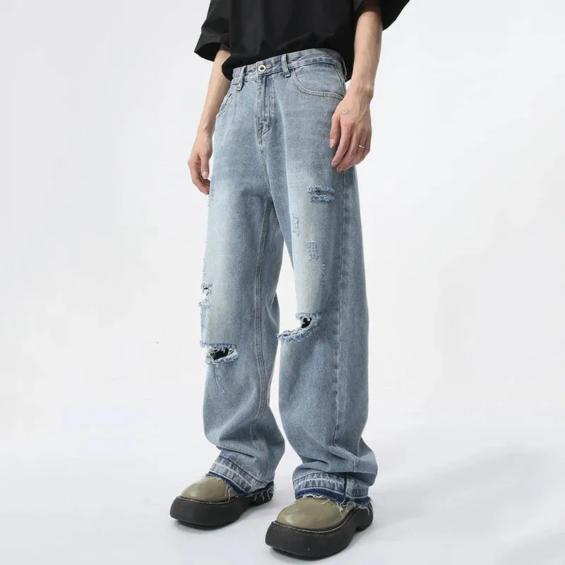 Trendy Men's Straight Jeans Broken Hole Design Summer New Streetwear American Style Wide Leg Denim Pants 9C5979