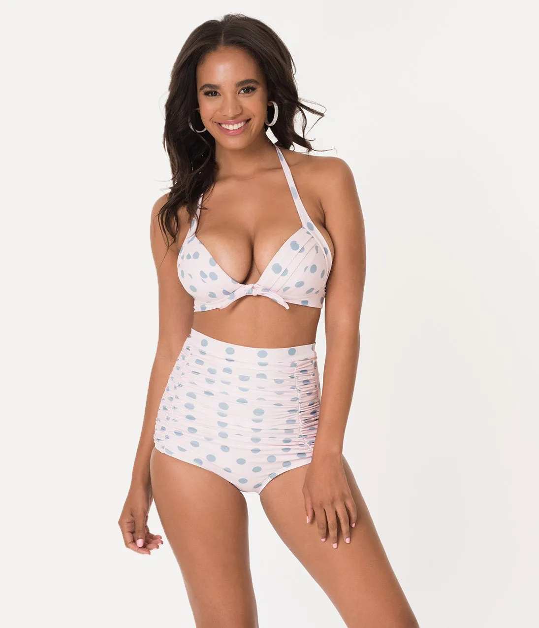 Unique Vintage Pink & Heather Blue Dotted Monroe High Waist Swim Bottom