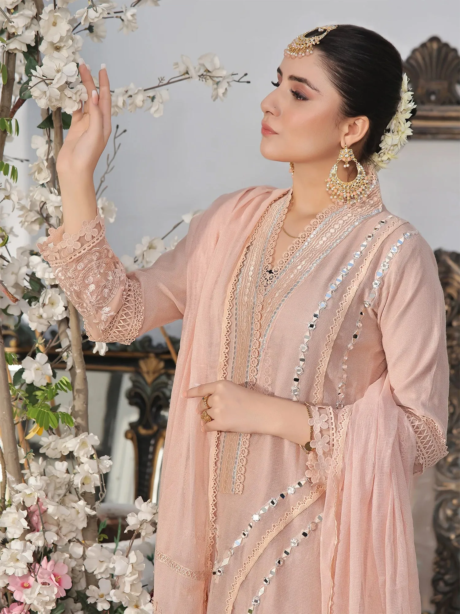 Wardah Uzair "Noori" Luxury Cotton Net Suit - Peach