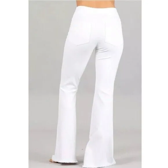 White Ponte Stretch High Waist Bell Flared Pants Casual Women's