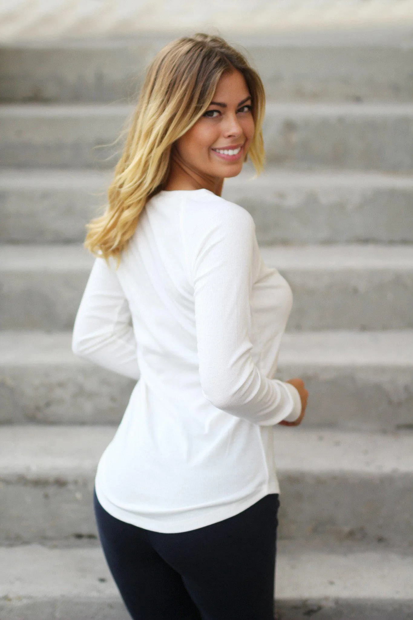 White Ribbed Long Sleeve Top with Buttons