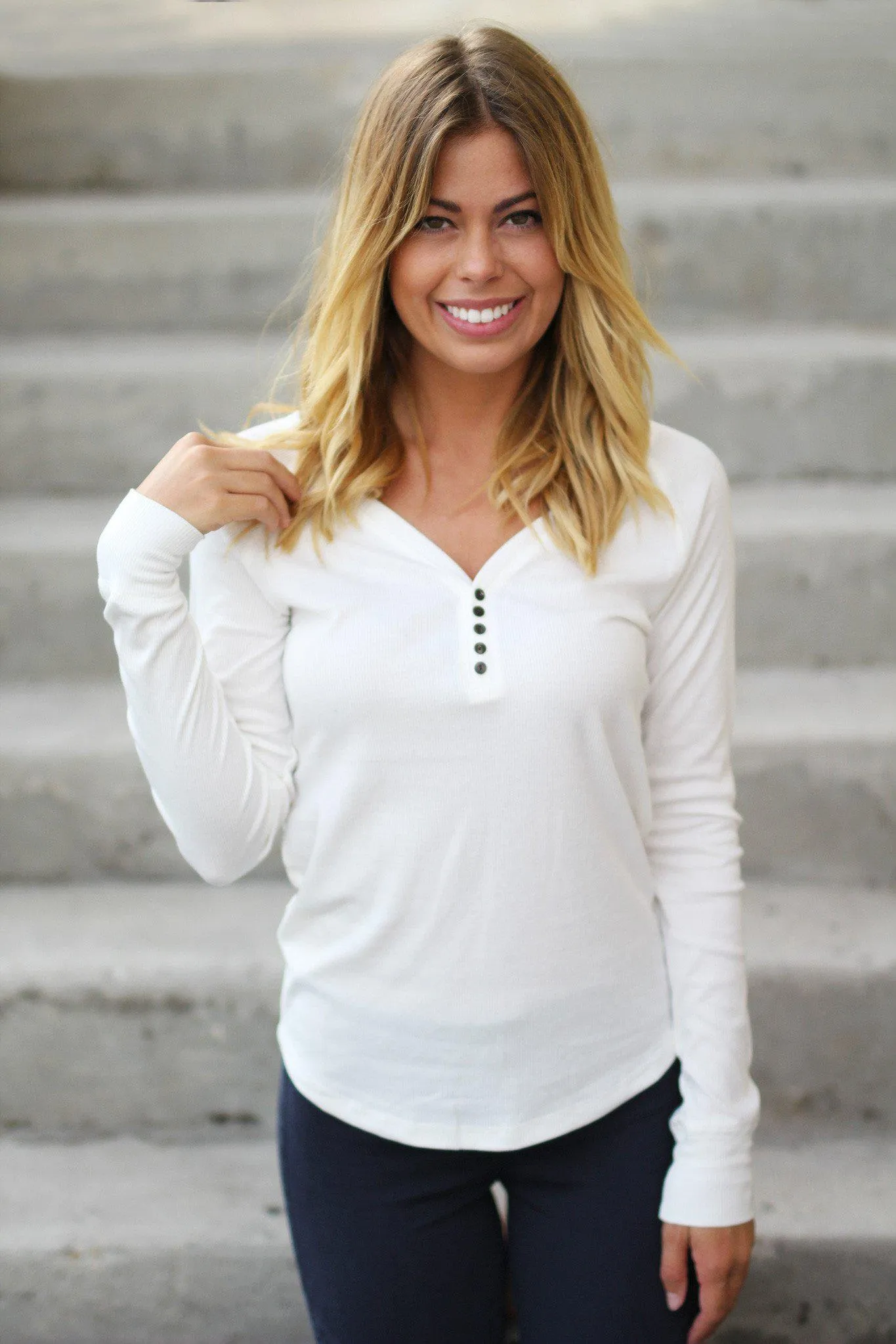 White Ribbed Long Sleeve Top with Buttons