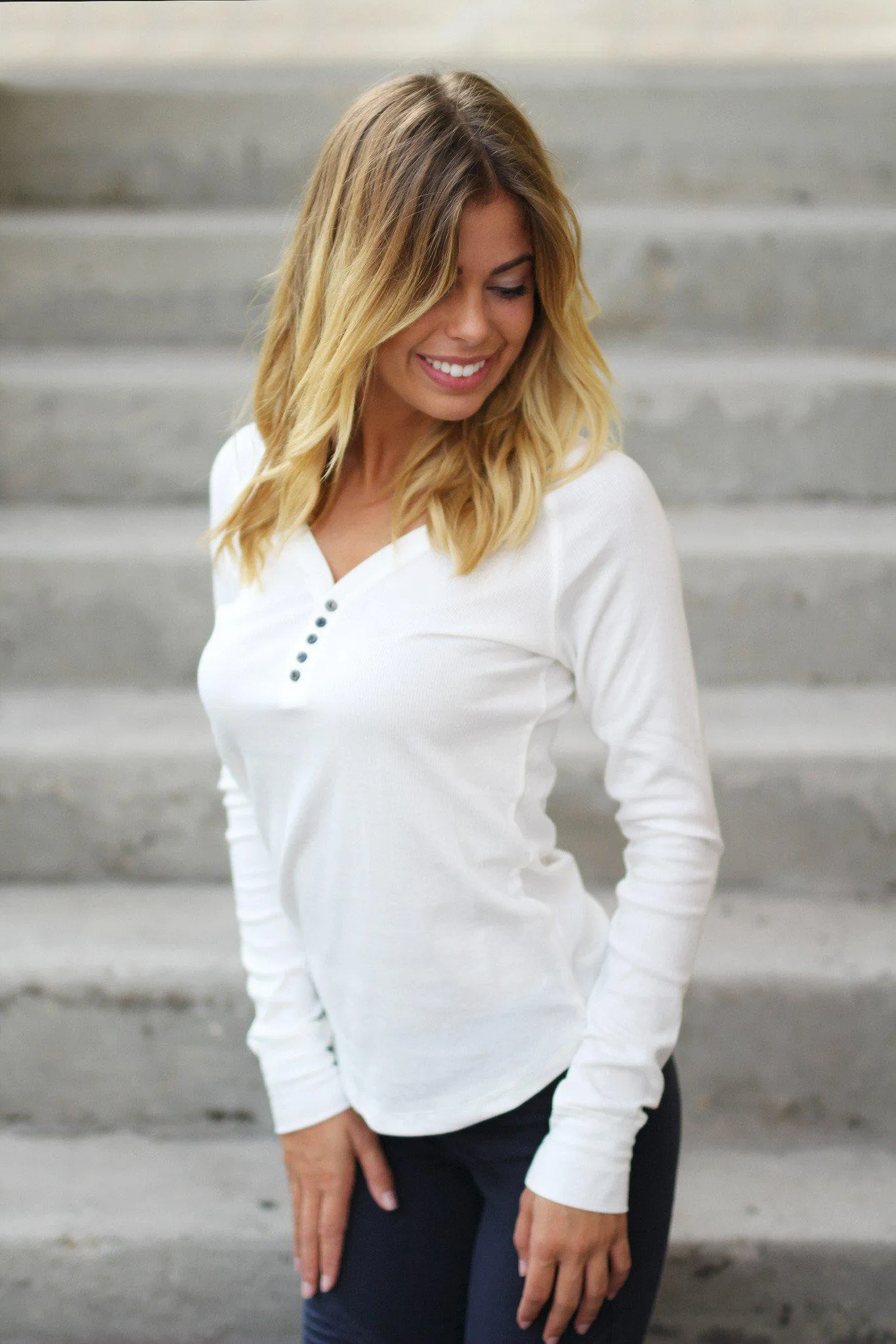 White Ribbed Long Sleeve Top with Buttons