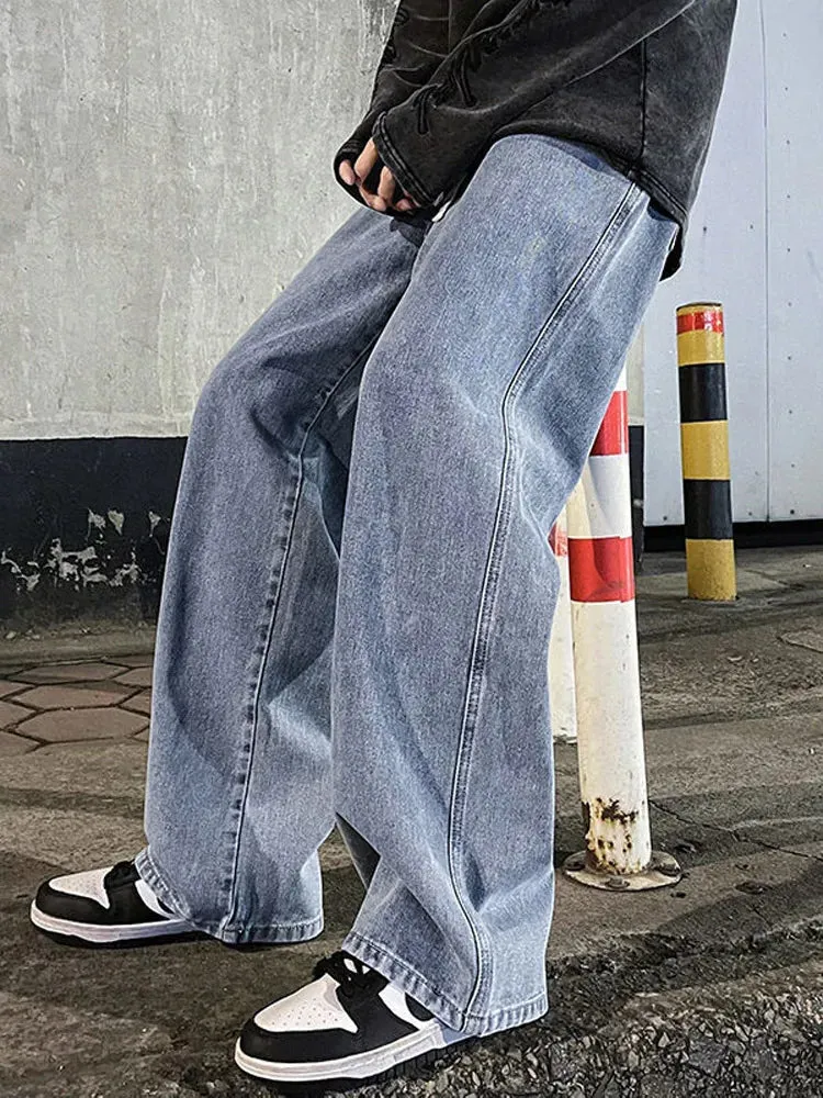 Wiaofellas  -  Jeans Men's Fashion Brand Spring Autumn Loose Straight Wide Leg Trousers Male High Street Casual Pocket Drawstring Denim Pants