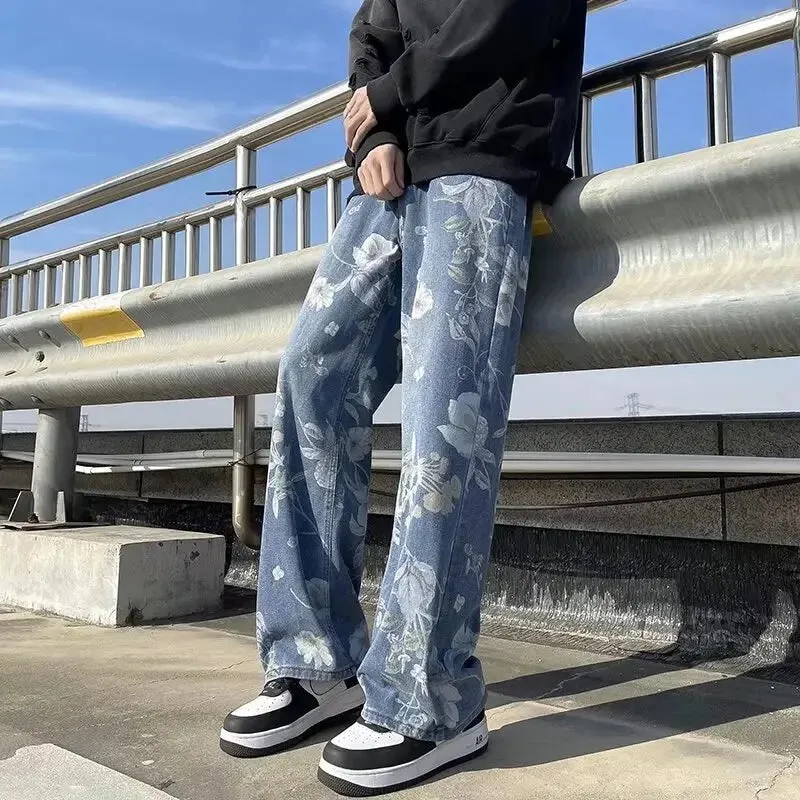 Wiaofellas  -  Korean Style Mens Fashion Blue Printed Jeans Spring New Floral Denim Pants High Street Loose Straight Couples Trousers