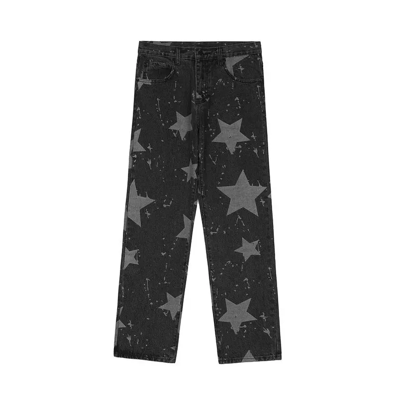 Wiaofellas  -  Long Men's Pants High Street Trousers Hip Hop Star Print Loose Casual Jeans New Spring Trend Denim Daddy Pants 2A0820