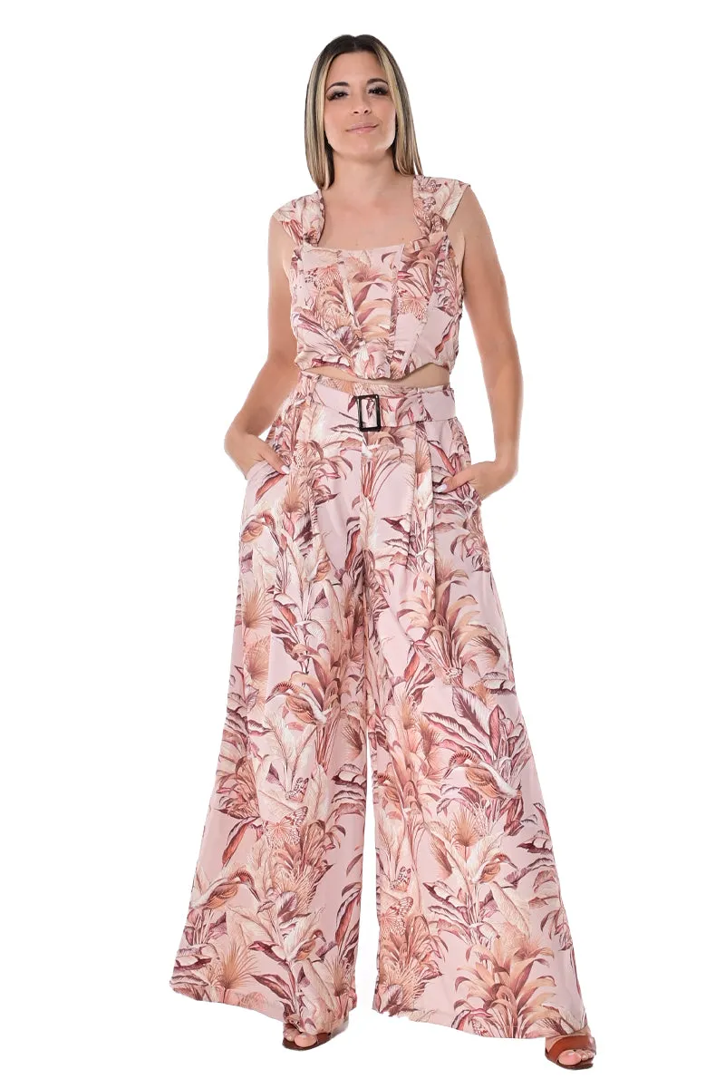 Wide Leg Ladies Pants in Tropical Palm Print with Belt