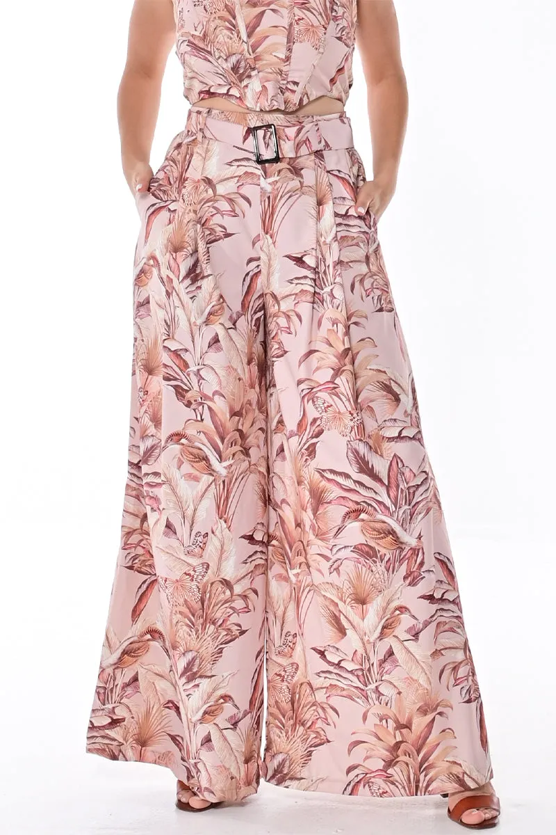 Wide Leg Ladies Pants in Tropical Palm Print with Belt