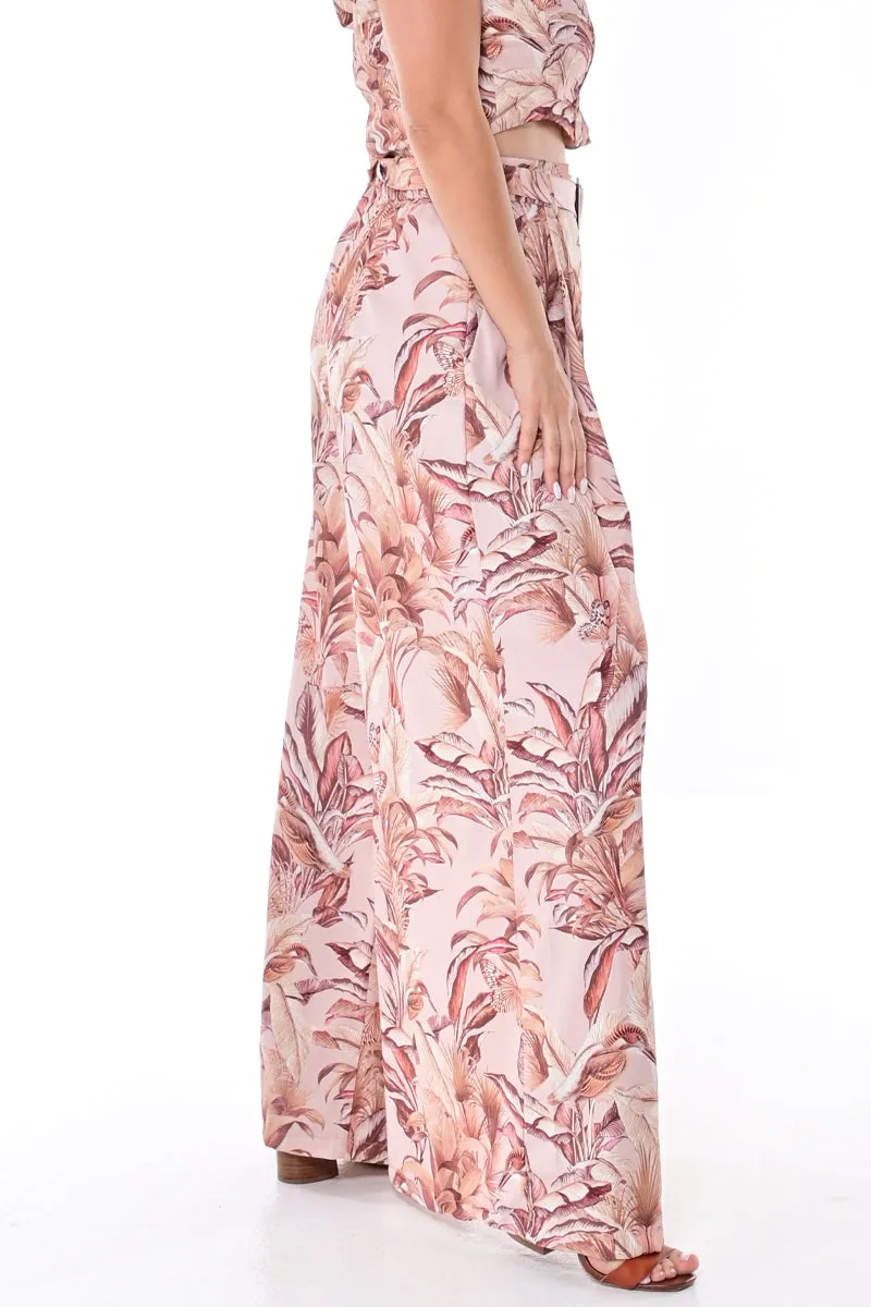 Wide Leg Ladies Pants in Tropical Palm Print with Belt