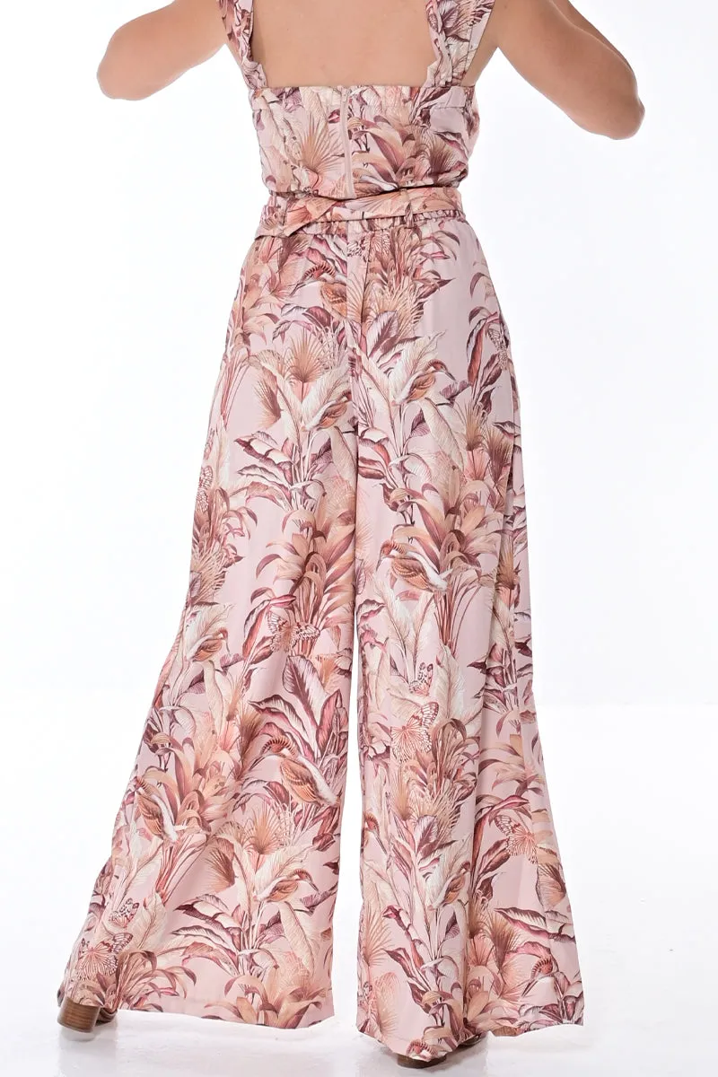 Wide Leg Ladies Pants in Tropical Palm Print with Belt