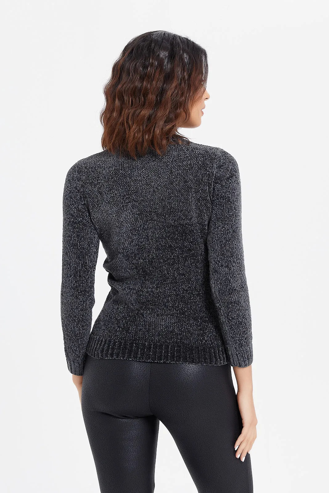 Women Black Chenille Pullover