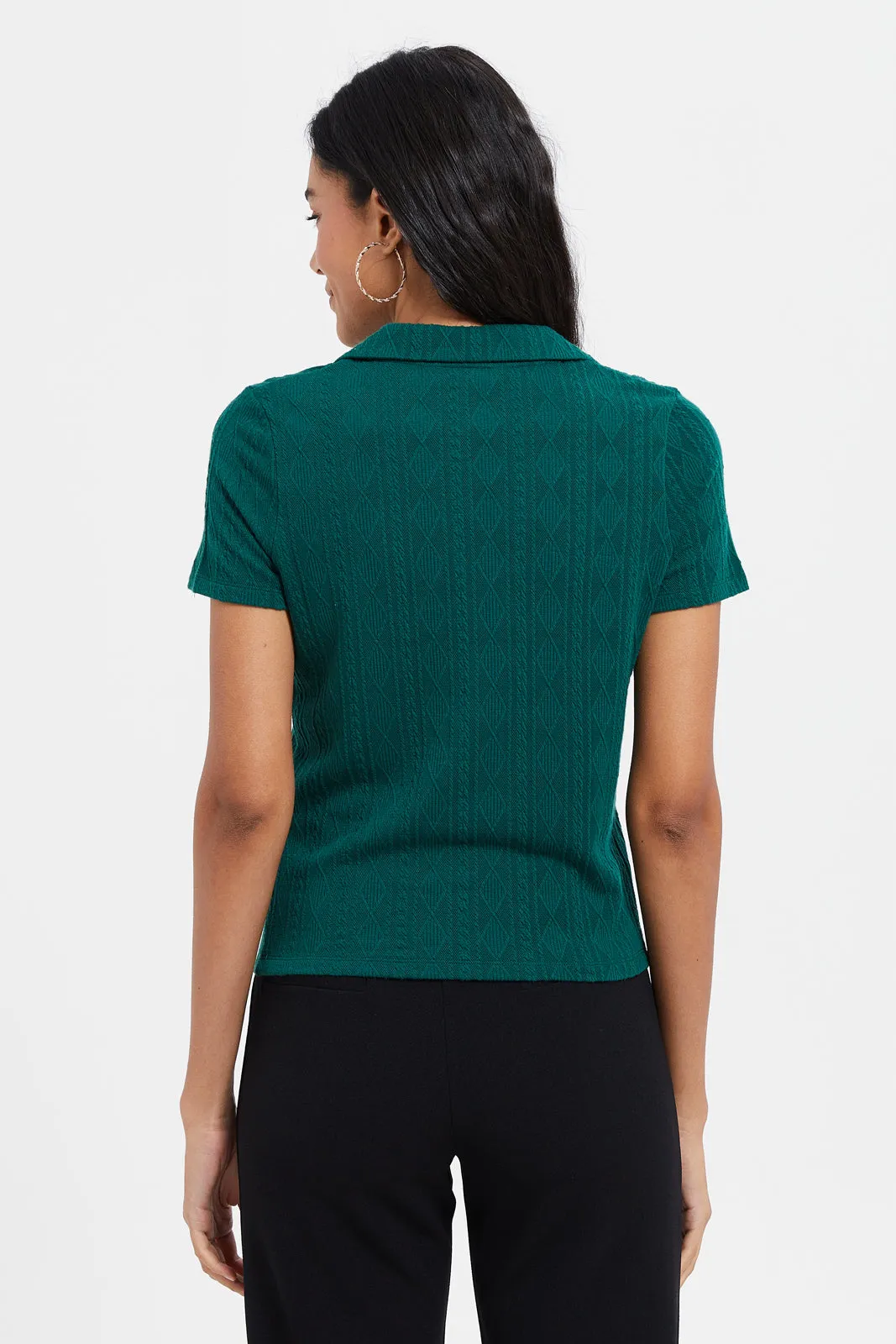 Women Teal Textured Polo Top