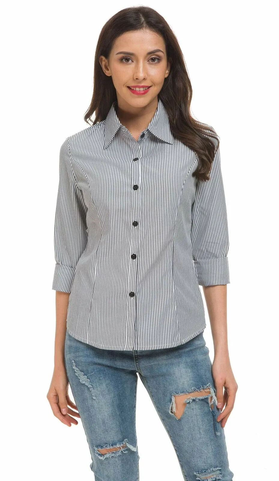 Women's Basic Tailored Vertical Stripes Button Down Shirt Long Sleeve  Blouse