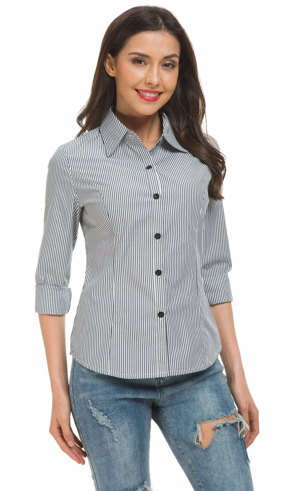 Women's Basic Tailored Vertical Stripes Button Down Shirt Long Sleeve  Blouse