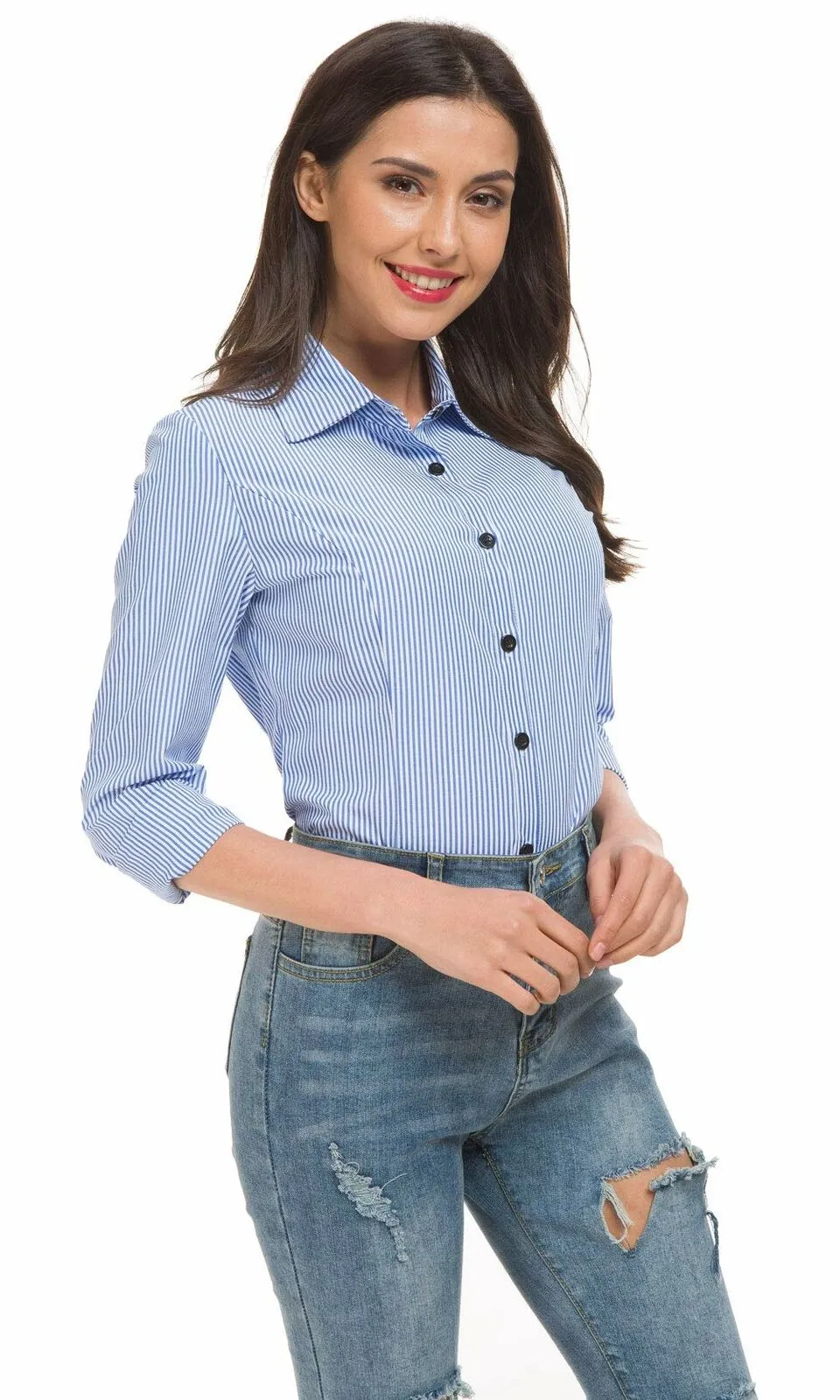 Women's Basic Tailored Vertical Stripes Button Down Shirt Long Sleeve  Blouse