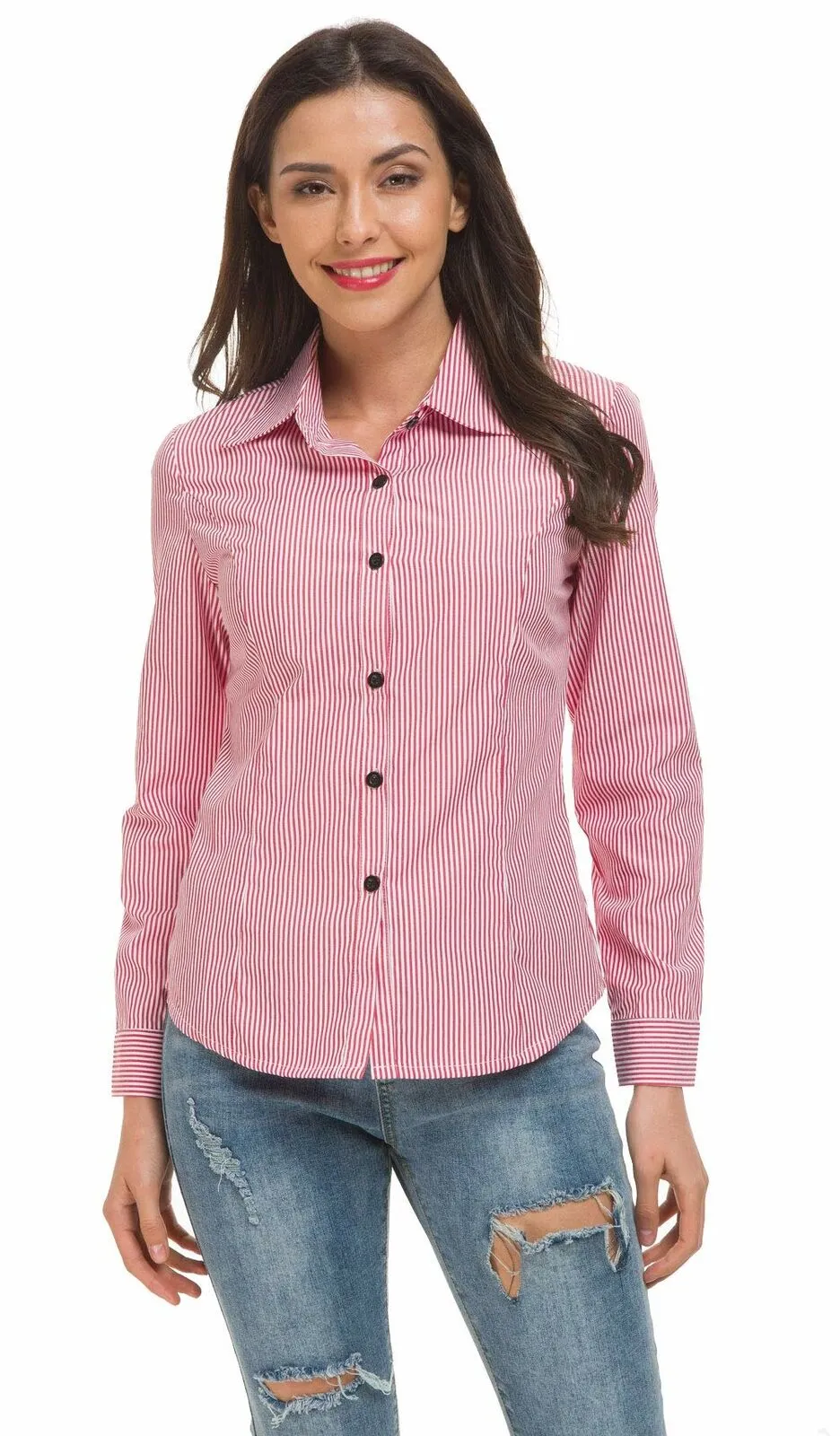 Women's Basic Tailored Vertical Stripes Button Down Shirt Long Sleeve  Blouse