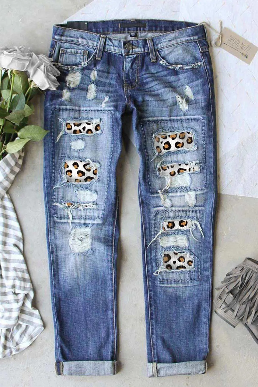 Women's Leopard Print Ripped Patchwork Destroyed Skinny Jeans Denim Pants