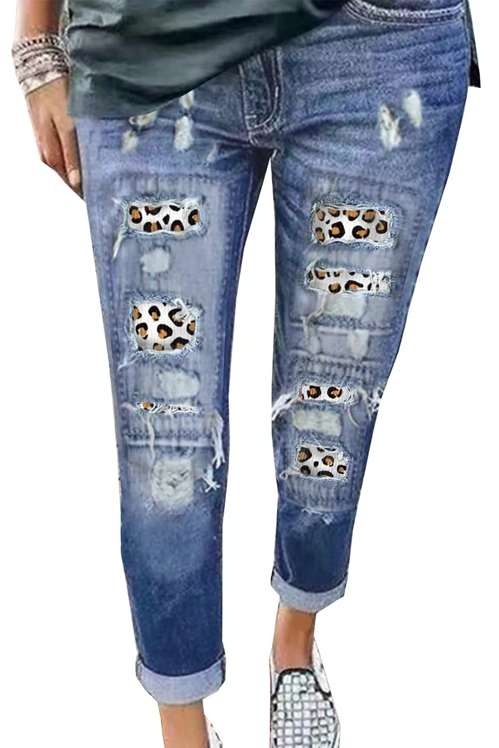 Women's Leopard Print Ripped Patchwork Destroyed Skinny Jeans Denim Pants