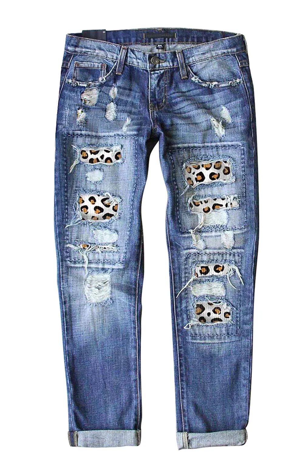 Women's Leopard Print Ripped Patchwork Destroyed Skinny Jeans Denim Pants