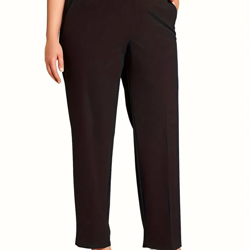 Women's Plus Size Solid Straight Leg Pants - Effortless Style with Convenient Pockets