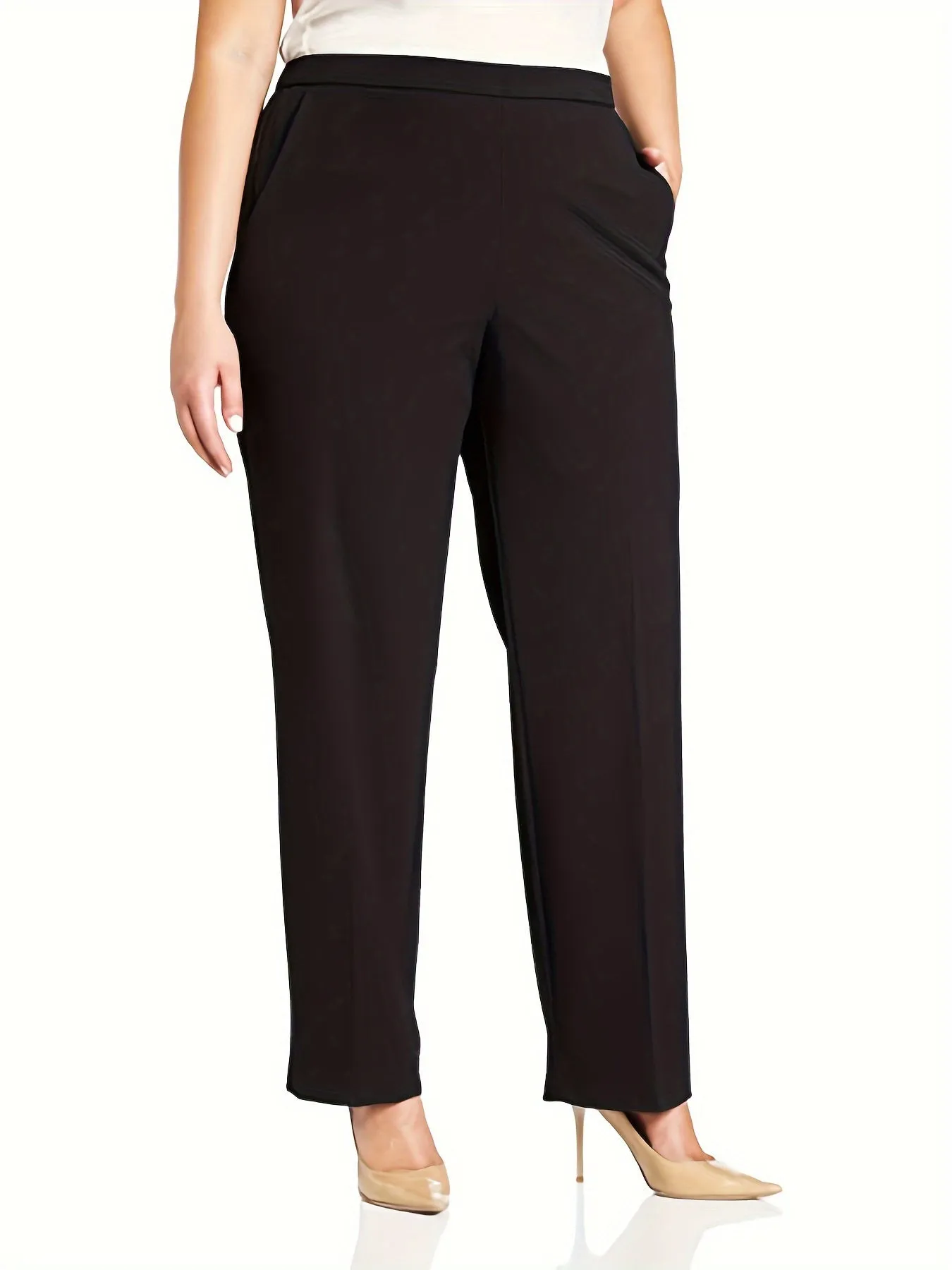 Women's Plus Size Solid Straight Leg Pants - Effortless Style with Convenient Pockets