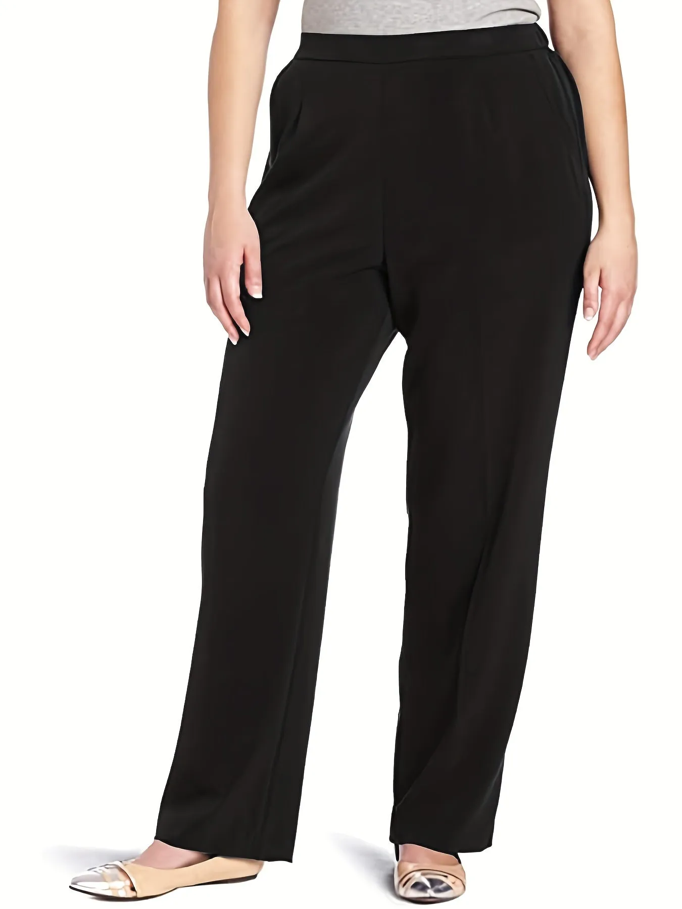 Women's Plus Size Solid Straight Leg Pants - Effortless Style with Convenient Pockets