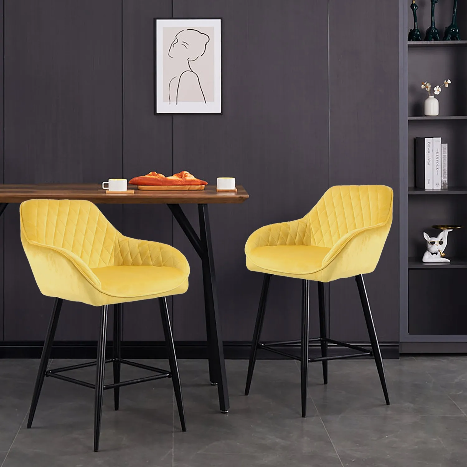 Yellow Crushed Velvet Bar Stool