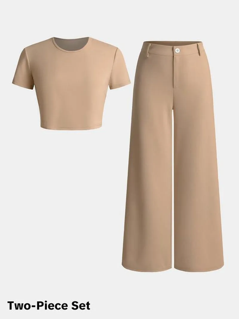 YOZY round Neck Crop Tee & Wide Leg Solid Button Pants Set/ Casual Short Sleeve Crop T-Shirt & High Waist Trousers Matching Set, 2024 Women'S Daily & Work Wear for Summer