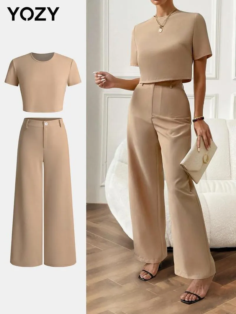 YOZY round Neck Crop Tee & Wide Leg Solid Button Pants Set/ Casual Short Sleeve Crop T-Shirt & High Waist Trousers Matching Set, 2024 Women'S Daily & Work Wear for Summer